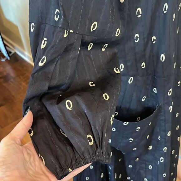 WRAP  London Black and Cream Ballion Sleeve Deep-V Cotton Midi Dress, 6! - Picture 7 of 11